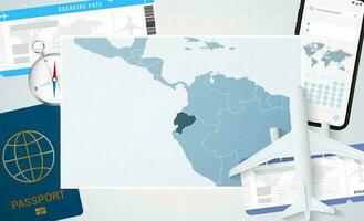 viagem para Equador, ilustração com uma mapa do Equador. fundo com avião, célula telefone, Passaporte, bússola e bilhetes. vetor