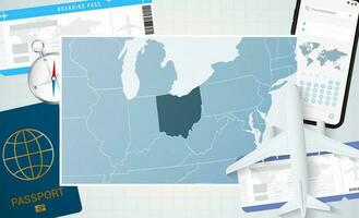 viagem para ohio, ilustração com uma mapa do ohio. fundo com avião, célula telefone, Passaporte, bússola e bilhetes. vetor