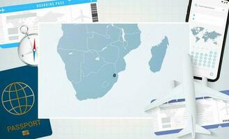 viagem para suazilândia, ilustração com uma mapa do suazilândia. fundo com avião, célula telefone, Passaporte, bússola e bilhetes. vetor