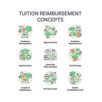 taxa escolar reembolso conceito ícones definir. empregado beneficiar. financeiro ajuda. taxa escolar dinheiro. aluna empréstimo. Educação assistência idéia fino linha cor ilustrações. isolado símbolos. editável acidente vascular encefálico vetor