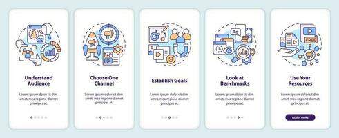 começar social meios de comunicação publicidade onboarding Móvel aplicativo tela. passo a passo 5 passos editável gráfico instruções com linear conceitos. interface do usuário, ux, gui modelo vetor