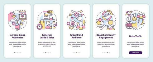 social meios de comunicação publicidade metas onboarding Móvel aplicativo tela. smm passo a passo 5 passos editável gráfico instruções com linear conceitos. interface do usuário, ux, gui modelo vetor