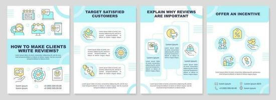 quão para faço clientes escrever avaliações ciano folheto modelo. folheto Projeto com linear ícones. editável 4 vetor layouts para apresentação, anual relatórios