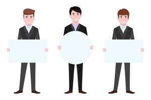 personagens de jovens empresários segurando cartazes de formas diferentes em branco. vetor