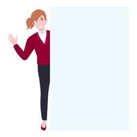 personagem de mulher de negócios vestindo roupa de negócios em pé atrás de um cartaz em forma de retângulo juntos e acenando vetor