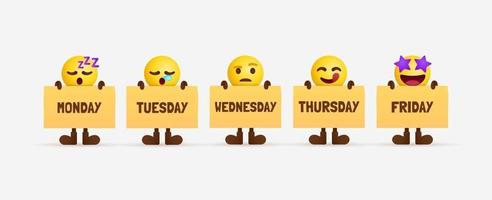 personagens emoji fofos segurando papéis de trabalhadores de escritório durante a semana sentindo a linha do tempo vetor