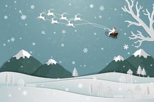 papel arte design com papai noel flutuando sobre a vila na neve da temporada de inverno em um fundo azul suave para cartão postal celebração festa feriado de natal ou ano novo vetor