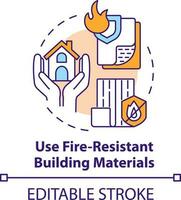 usar resistente ao fogo construção materiais conceito ícone. sobrevivente incêndios às casa abstrato idéia fino linha ilustração. isolado esboço desenho. editável acidente vascular encefálico vetor