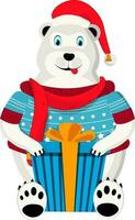 desenho animado personagem do uma polar Urso sentado com presente caixa. vetor