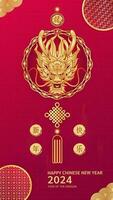 cartão feliz chinês Novo ano 2024. pingente chinês Dragão ouro zodíaco placa em vermelho fundo para cartão Projeto. China lunar calendário animal. tradução feliz Novo ano 2024, Dragão. vetor eps10.
