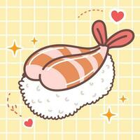 kawaii Comida desenho animado do ebi camarão Sushi vetor ícone do fofa japonês rabisco estilo para criança produtos, adesivo, camisa em amarelo fundo plano ilustração