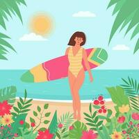 mulher dentro roupa de banho com prancha de surfe em a de praia. tropical Palma folhas, flores e plantas em volta. horário de verão, paisagem marítima, ativo esporte, surf, período de férias conceito. plano desenho animado vetor ilustração.