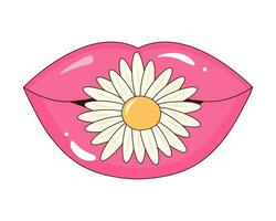 fofa lábios com camomila flor entre dentes. fêmea aberto lábios com margarida. linear cor vetor ilustração.