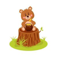 fofa bebê Urso com querida Panela é sentado em a árvore toco. desenho animado floresta personagem. vetor