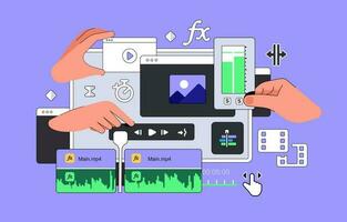 a vídeo editor programa interface com mãos. grande painel de controle para edição vídeo clipes. filme cenas montagem. grampo edição Programas interface. criando visual efeitos vfx. vetor ilustração