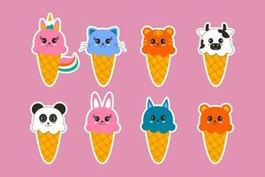 conjunto do desenhado à mão adesivos gelo creme kawaii animal em forma plano Projeto vetor