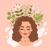 mental saúde. saudável mentalidade e auto Cuidado ilustração definir. feliz mulher sentir confiante, relaxar, aceitar e amor ela mesma. autocuidados e aceitação conceito. vetor ilustração.