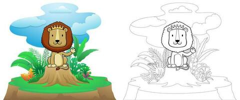 engraçado leão desenho animado vestindo coroa sentado em árvore toco em arbusto folhas fundo vetor