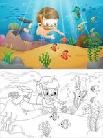 vetor ilustração do desenho animado Garoto natação embaixo da agua com marinho animais. coloração livro ou página