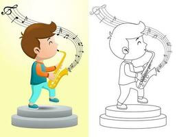 desenho animado Garoto jogando saxofone em estágio. coloração livro ou página vetor