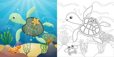 desenho animado do tartaruga com estrelas do mar e caranguejo submarino, coloração livro ou página vetor