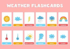 elementos meteorológicos fofos com nomes de cartões de memória para crianças vetor