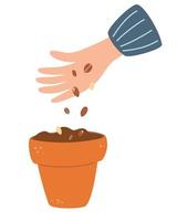 mão plantando sementes em um vaso vetor