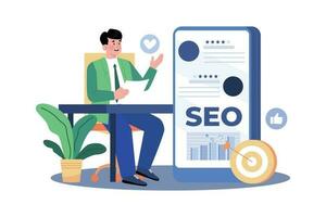 reputação Gerente gerenciando conectados avaliações para melhorar seo. vetor