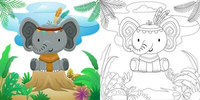 fofa elefante desenho animado dentro tribal étnico traje sentado em árvore toco dentro floresta vetor