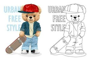 mão desenhado vetor ilustração do Urso de pelúcia Urso dentro hipster estilo com skate. coloração livro ou página