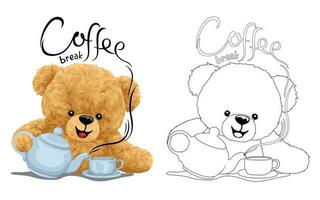 mão desenhado vetor ilustração do Urso de pelúcia Urso desfrutando café. coloração livro ou página