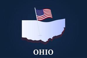 Mapa isométrico do estado de ohio e bandeira nacional dos EUA forma isométrica em 3D de ilustração em vetor estado dos EUA