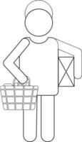 personagem do linha arte humano segurando cesta e caixa. vetor