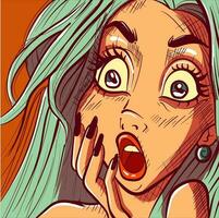 pop arte ilustração do uma surpreso mulher face. fechar-se vetor do uma PIN acima menina com uma chocado facial expressão.