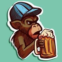 digital arte do uma sério macaco com uma chapéu bebendo uma caneca do cerveja. desenho animado macaco relaxante e segurando a alcoólico bebida. vetor