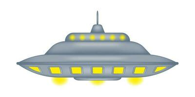 uma fofa isolado vôo pires é flutuando dentro a ar cercado de uma aréola do amarelo luzes. fantástico espaço viagem veículo Projeto. UFO dia. vetor ilustração.