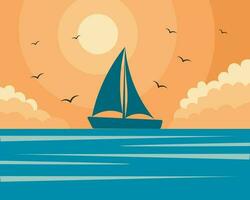 seascape. náutico ilustração, uma barco a vela e gaivotas em uma pôr do sol fundo. parede arte, ilustração, vetor