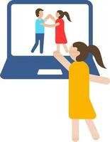 ilustração do mulher dança prática a partir de conectados casal dança vídeo dentro computador portátil tela ícone. vetor