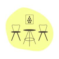 interior ícone com mesa e cadeiras em uma amarelo abstrato forma fundo. mobília ícone dentro uma plano estilo vetor
