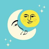 Sol e lua. esquisito peculiar lua . cartão dentro moderno desenho animado estilo vetor