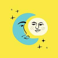 Sol e lua com uma adorável face. esquisito peculiar lua . cartão dentro moderno desenho animado estilo vetor