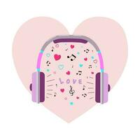 fones de ouvido com música. desenho animado fones de ouvido, coração, musical notação. amor, romântico música. dia dos namorados dia. vetor gráficos.