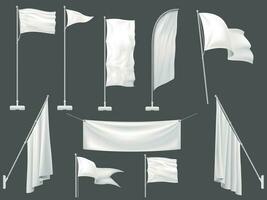 brincar bandeira. branco bandeiras, em branco tela de pintura bandeira e tecido bandeira em mastro de bandeira 3d modelo vetor ilustração