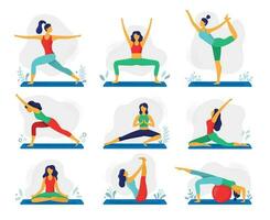 ioga exercício. ginástica terapia, saudável esticam ioga poses e mulher tratamento alongamento exercícios plano vetor ilustração conjunto