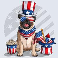Cão pug bege fofo sentado com elementos do dia da independência americana, 4 de julho e dia do memorial vetor