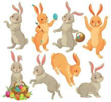 Páscoa coelhinho. pulando coelho, dançando engraçado coelhos animais e coelhos páscoa ovos vetor desenho animado ilustração conjunto