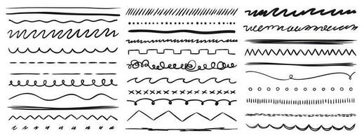 mão desenhado linhas. marcador linha divisor, feito à mão lápis golpes escova e desenhando divisores vetor elementos conjunto