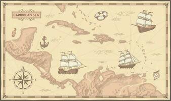 velho caribe mar mapa. antigo pirata rotas, fantasia mar piratas navios e vintage pirata mapas vetor conceito ilustração