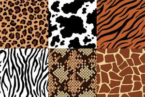 animal peles padronizar. leopardo couro, tecido zebra e tigre pele. safári girafa, vaca impressão e serpente desatado padrões vetor conjunto