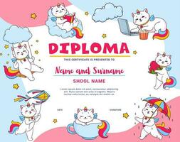 crianças diploma com desenho animado fofa caticorn personagens vetor